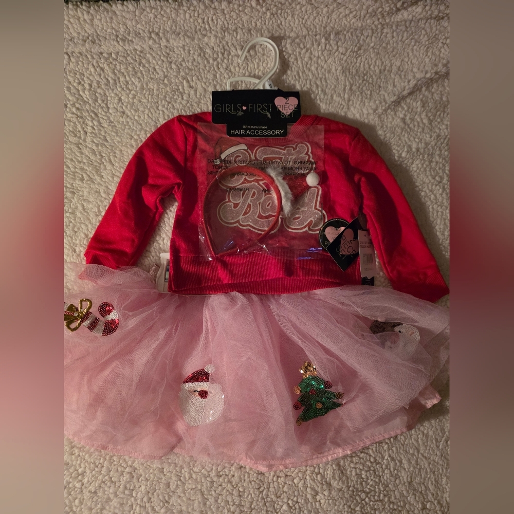 Girls First Red Santa Baby Sweatshirt with Light Pink Tulle Tutu And HeadbandSet